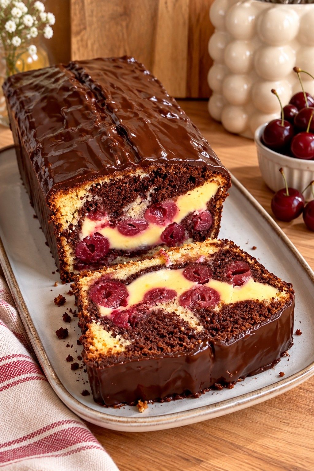 Donauwelle als Kastenkuchen mit Cheesecake-Füllung
