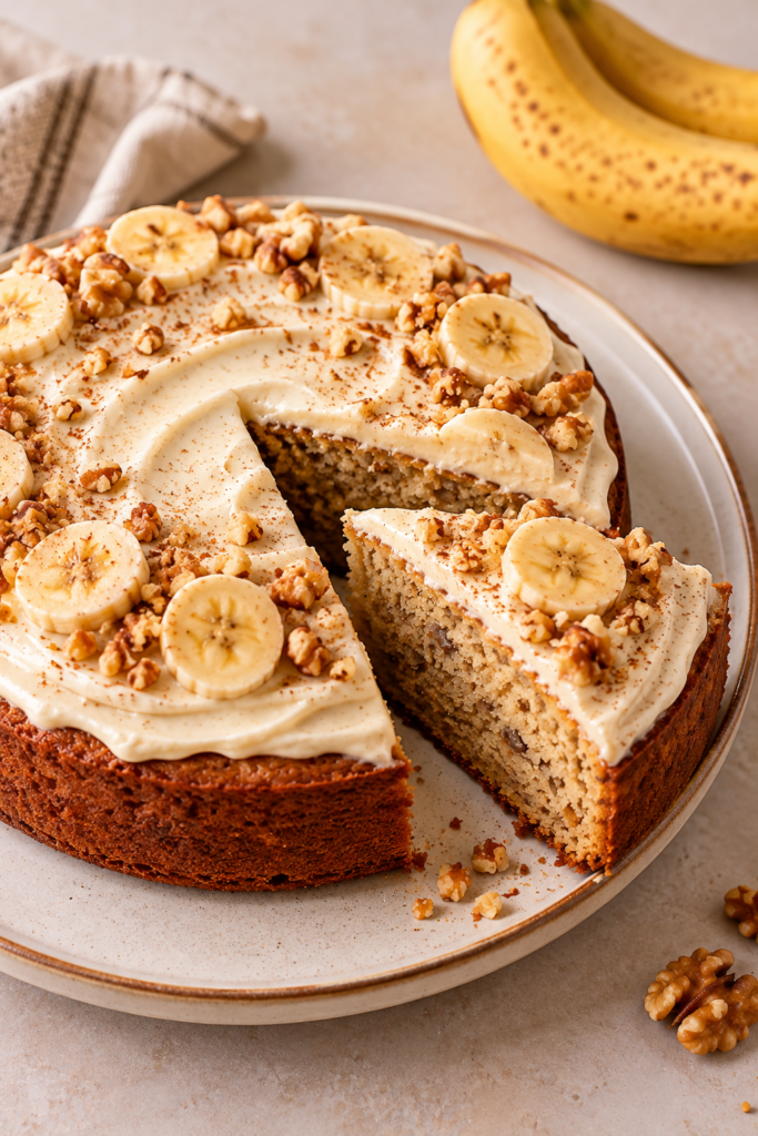 Saftiger runder Bananenkuchen mit Frischkäsecreme, Bananenscheiben, Walnüssen und Zimt
